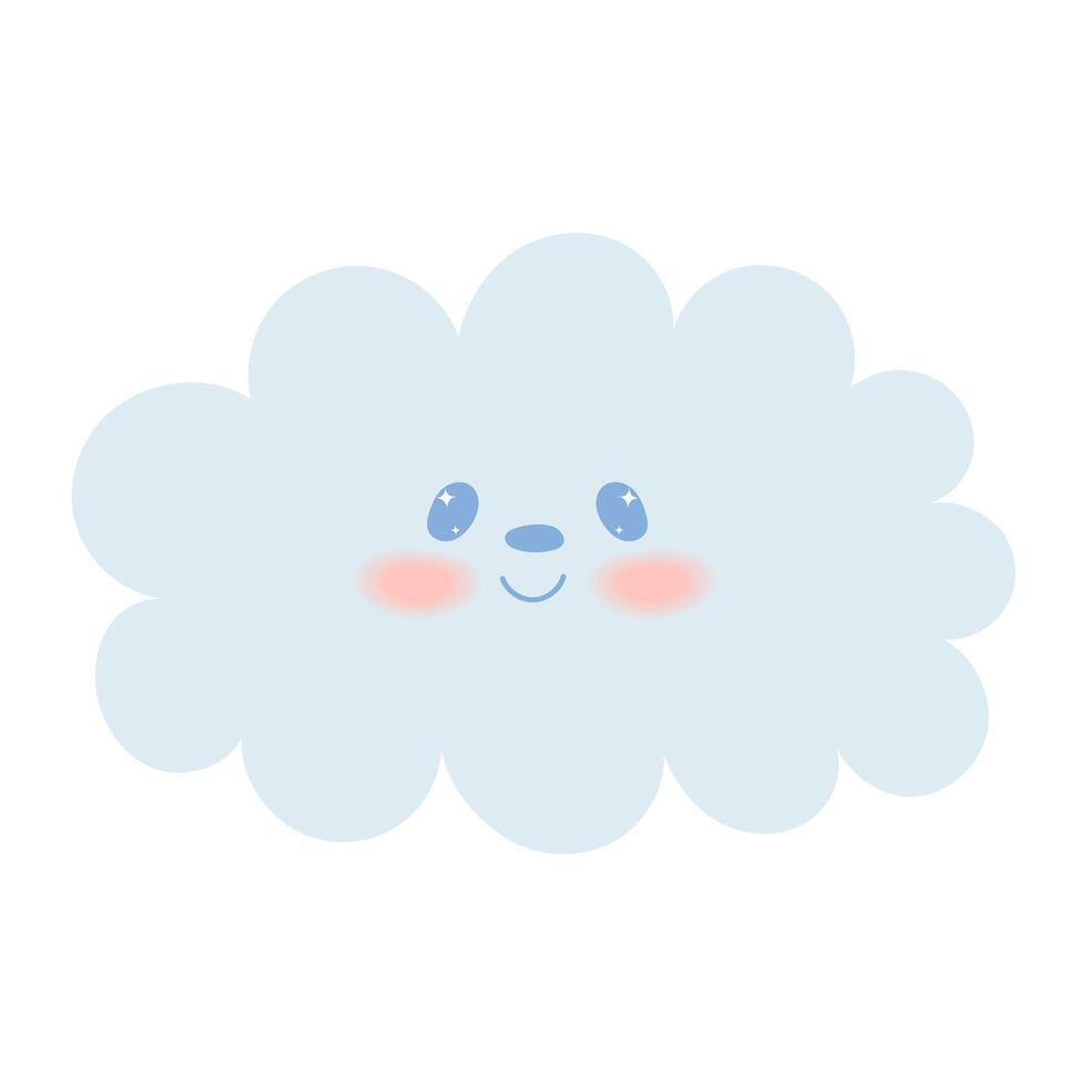 Cute kawaii cloud in hand draw flat style isolated on white background. Children illustration.Cartoon funny baby animal character design.Soft pastel colors. vector