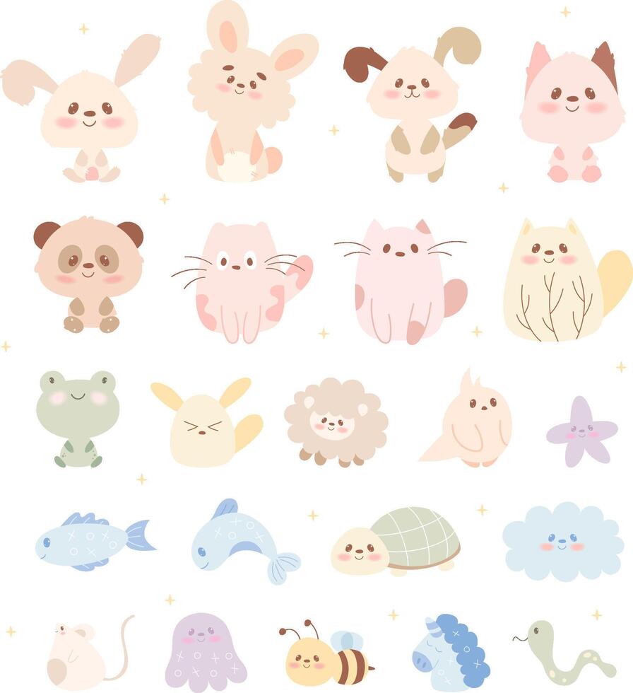 Set of cute kawaii animals in hand draw flat style. Rabbit, hare, cat, bear, frog,sheep, bird, snake, turtle,fish, bee, cloud, star, mouse, octopus,dog,dolphin,unicorn. illustration vector