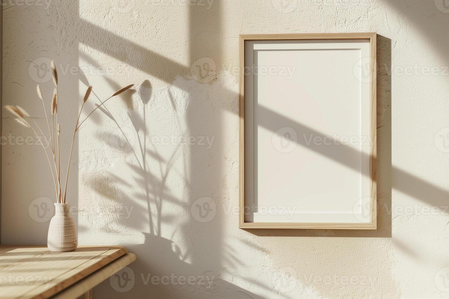 Square frame mockup close up on wall painted beige color 3d render photo