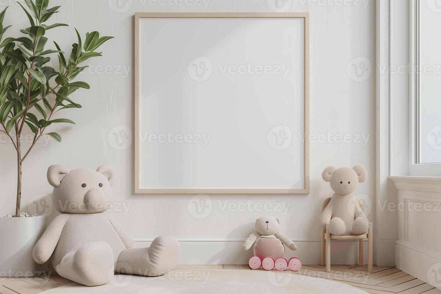 Mock up poster frame in white cozy children room interior background 3D render photo