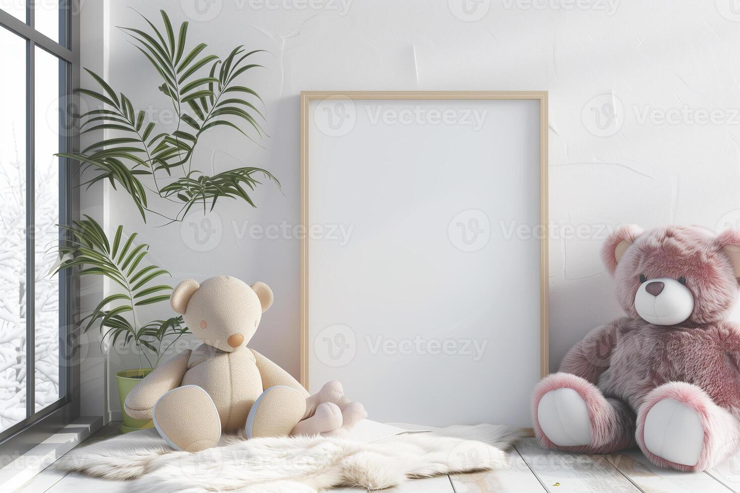 Mock up poster frame in white cozy children room interior background 3D render photo