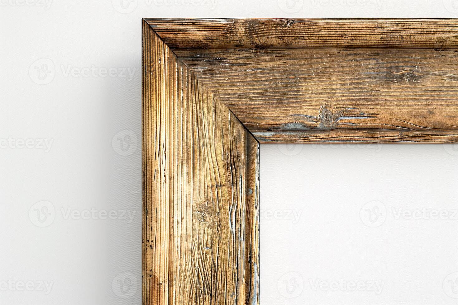 Old wooden frame mockup close up on white wall 3d render photo