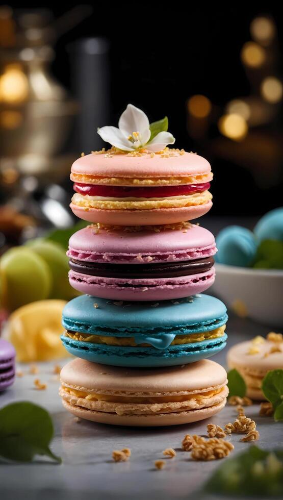 colorful macarons on a table with flowers photo