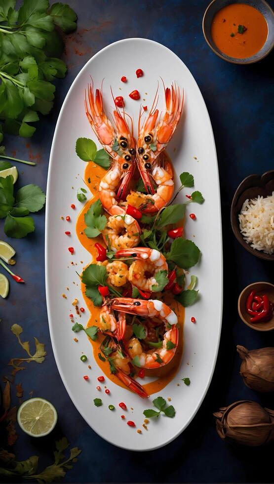 a plate with shrimp and vegetables on it photo