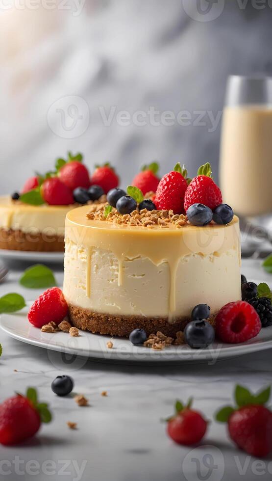 cheesecake with berries and berries on a plate photo
