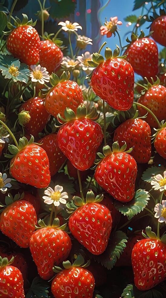 a bunch of strawberries are growing in a field photo