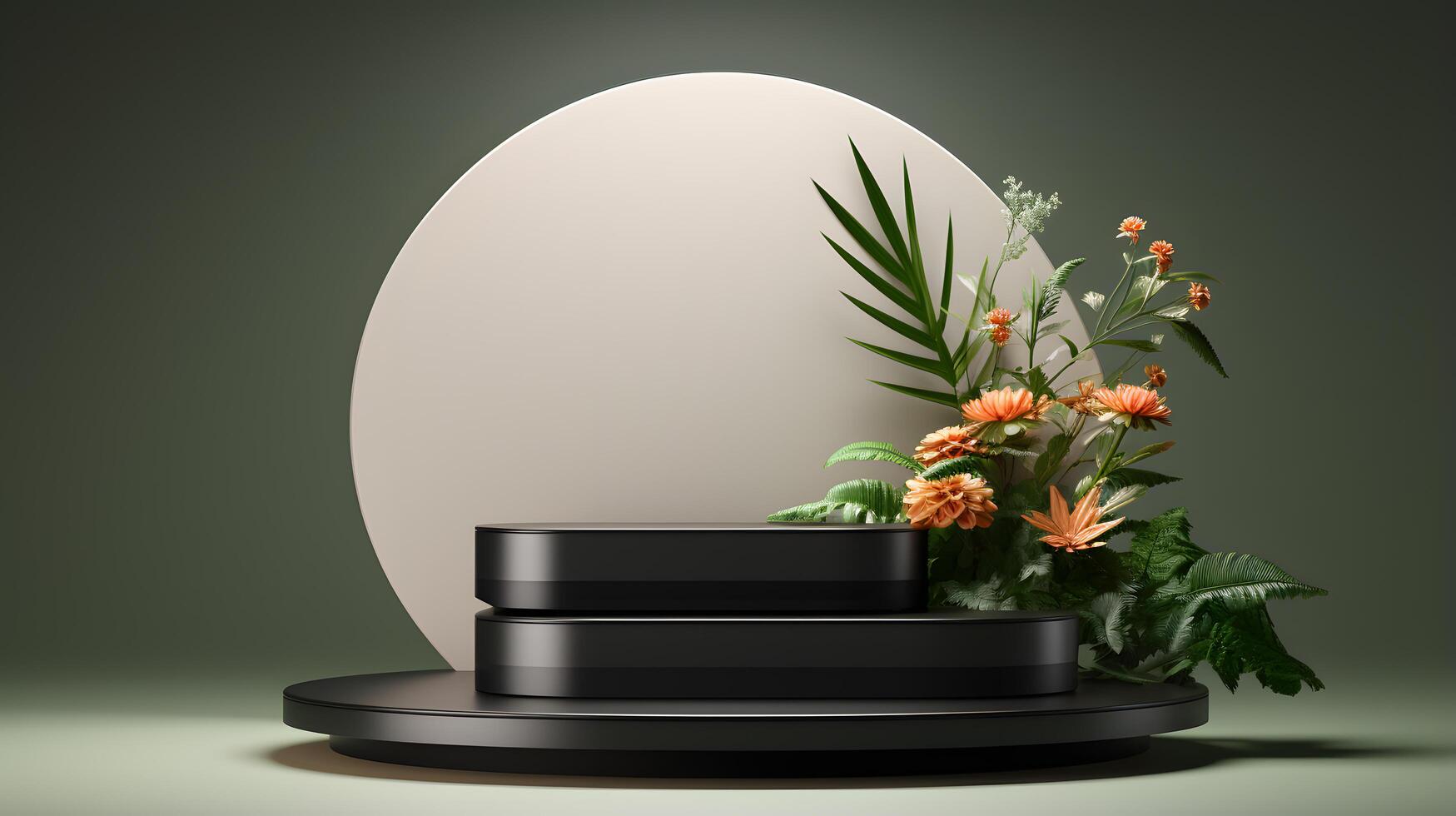 Cosmetics product advertising stand. Exhibition podium on background with leaves and shadows. Empty pedestal to display product packaging photo-realistic, realistic photo