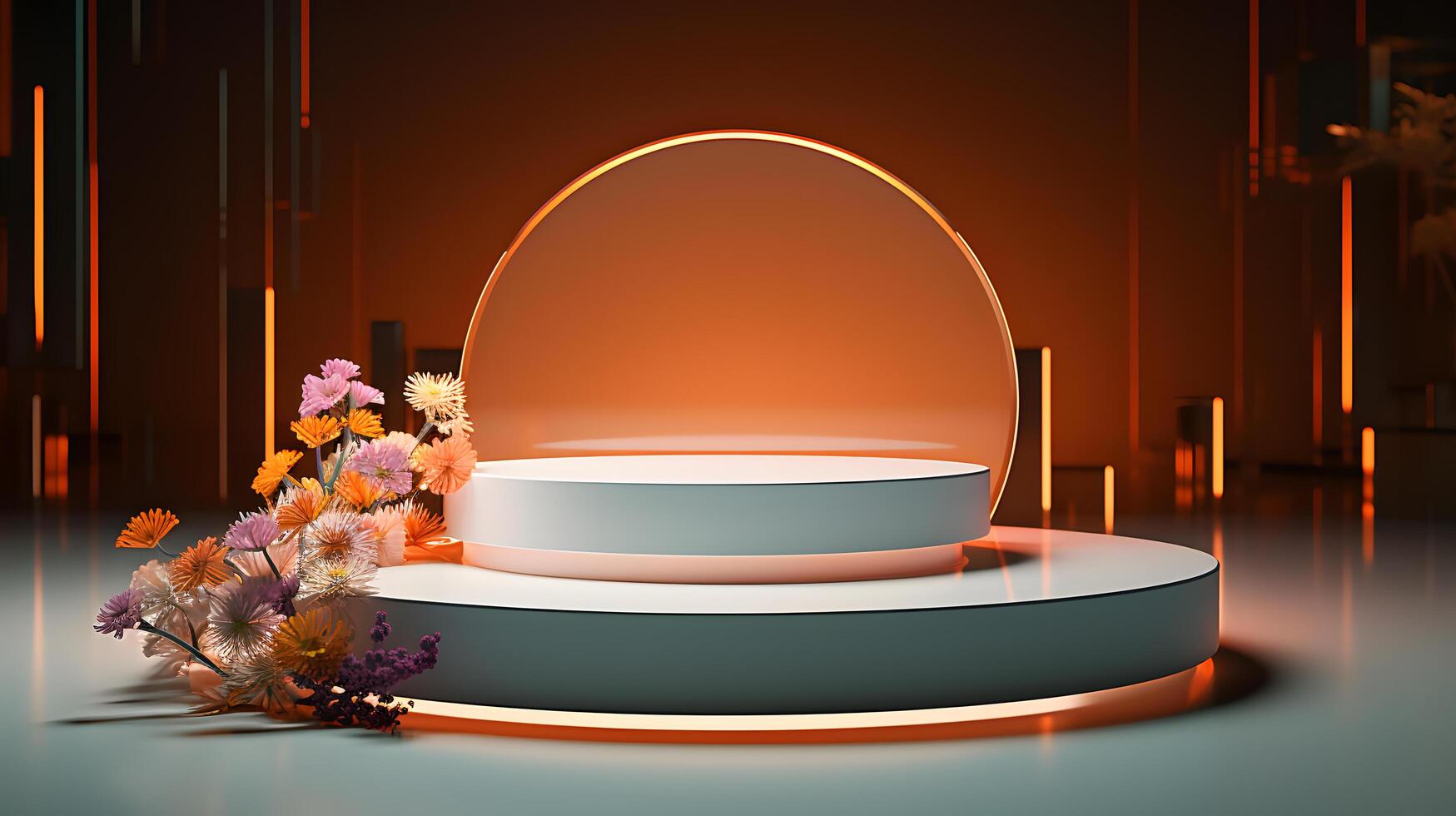 Cosmetics product advertising stand. Exhibition podium on background with leaves and shadows. Empty pedestal to display product packaging photo-realistic, realistic photo