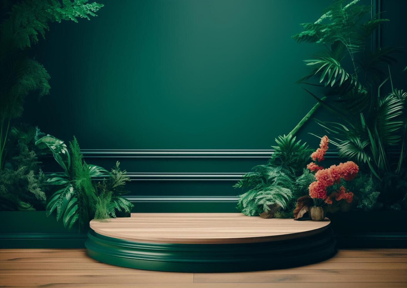 Cosmetics product advertising stand Exhibition wooden podium on green background with leaves and shadows Empty pedestal to display product packaging photo-realistic, realistic photo