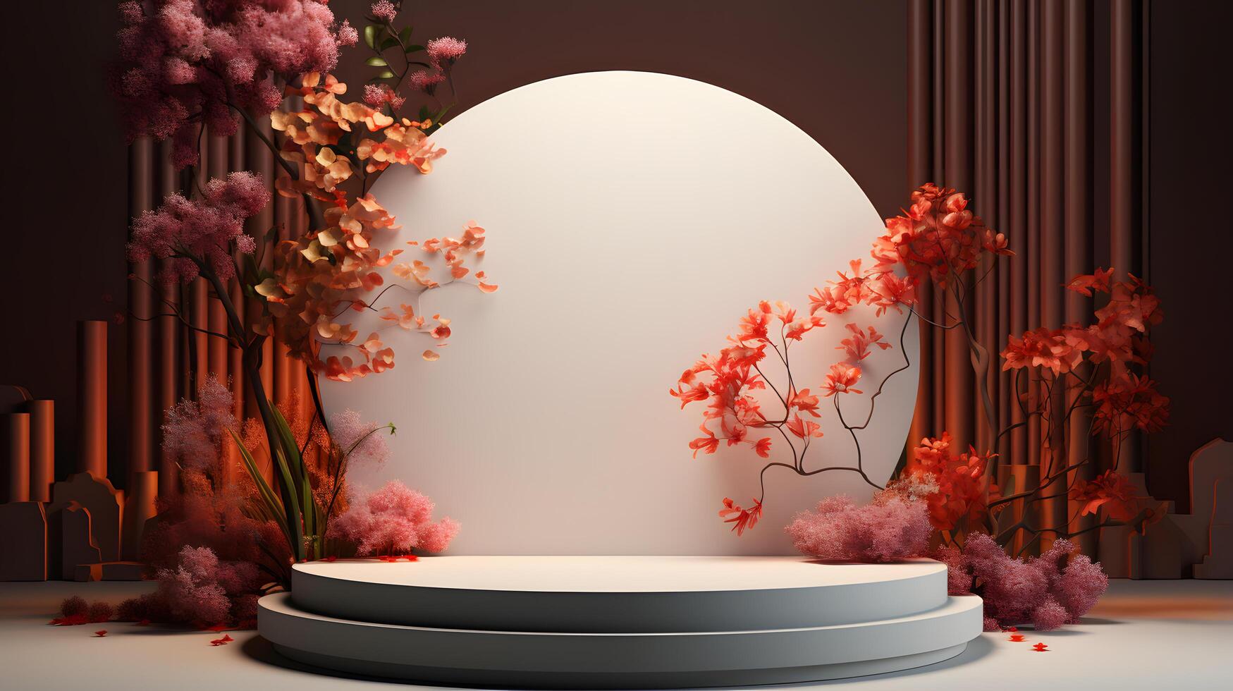 Cosmetics product advertising stand. Exhibition podium on background with leaves and shadows. Empty pedestal to display product packaging photo-realistic, realistic photo