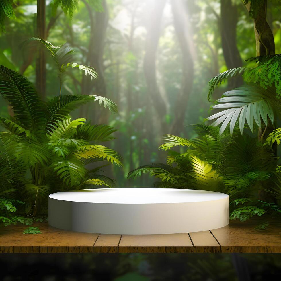 Cosmetics product advertising stand. Exhibition podium on background with leaves and shadows. Empty pedestal to display product packaging photo-realistic, realistic photo