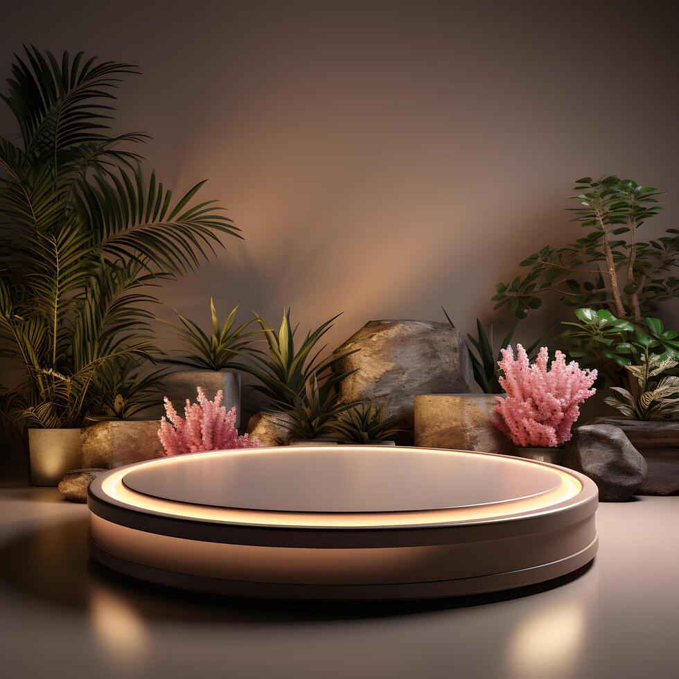 Cosmetics product advertising stand. Exhibition podium on background with leaves and shadows. Empty pedestal to display product packaging photo-realistic, realistic photo