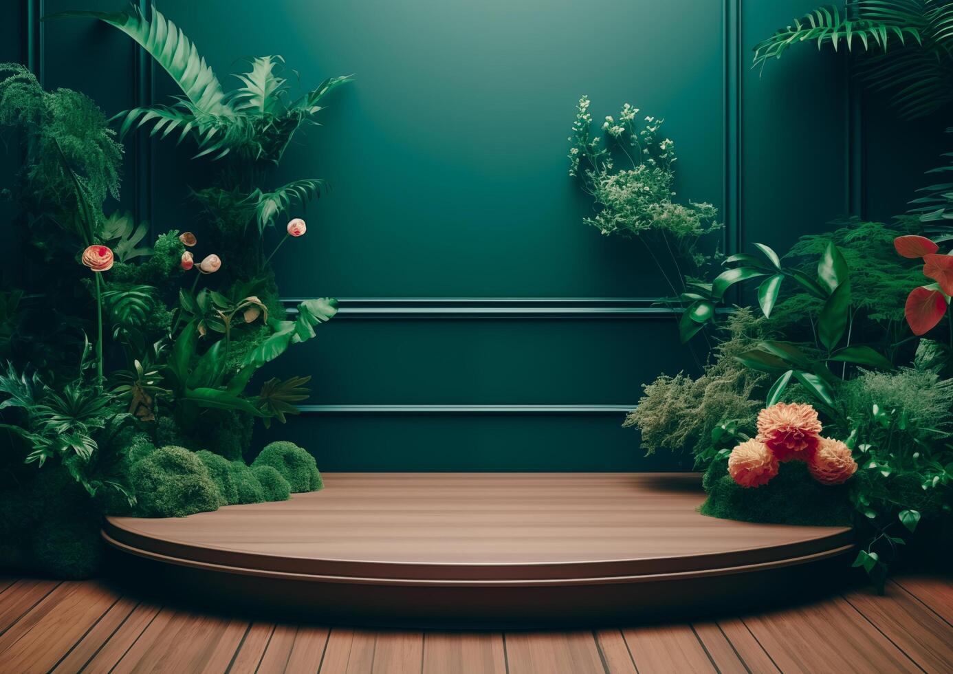 Cosmetics product advertising Exhibition wooden podium on green background with leaves and shadows Empty pedestal to display product packaging photo-realistic, realistic photo