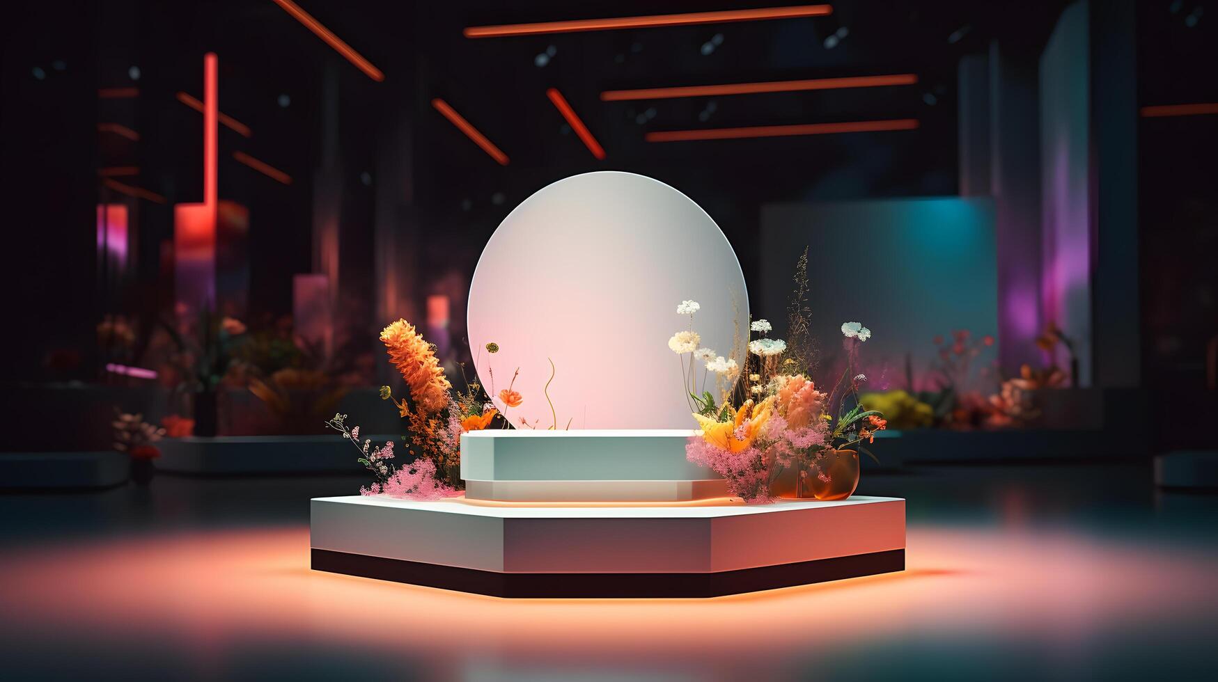 Cosmetics product advertising stand. Exhibition podium on background with leaves and shadows. Empty pedestal to display product packaging photo-realistic, realistic photo