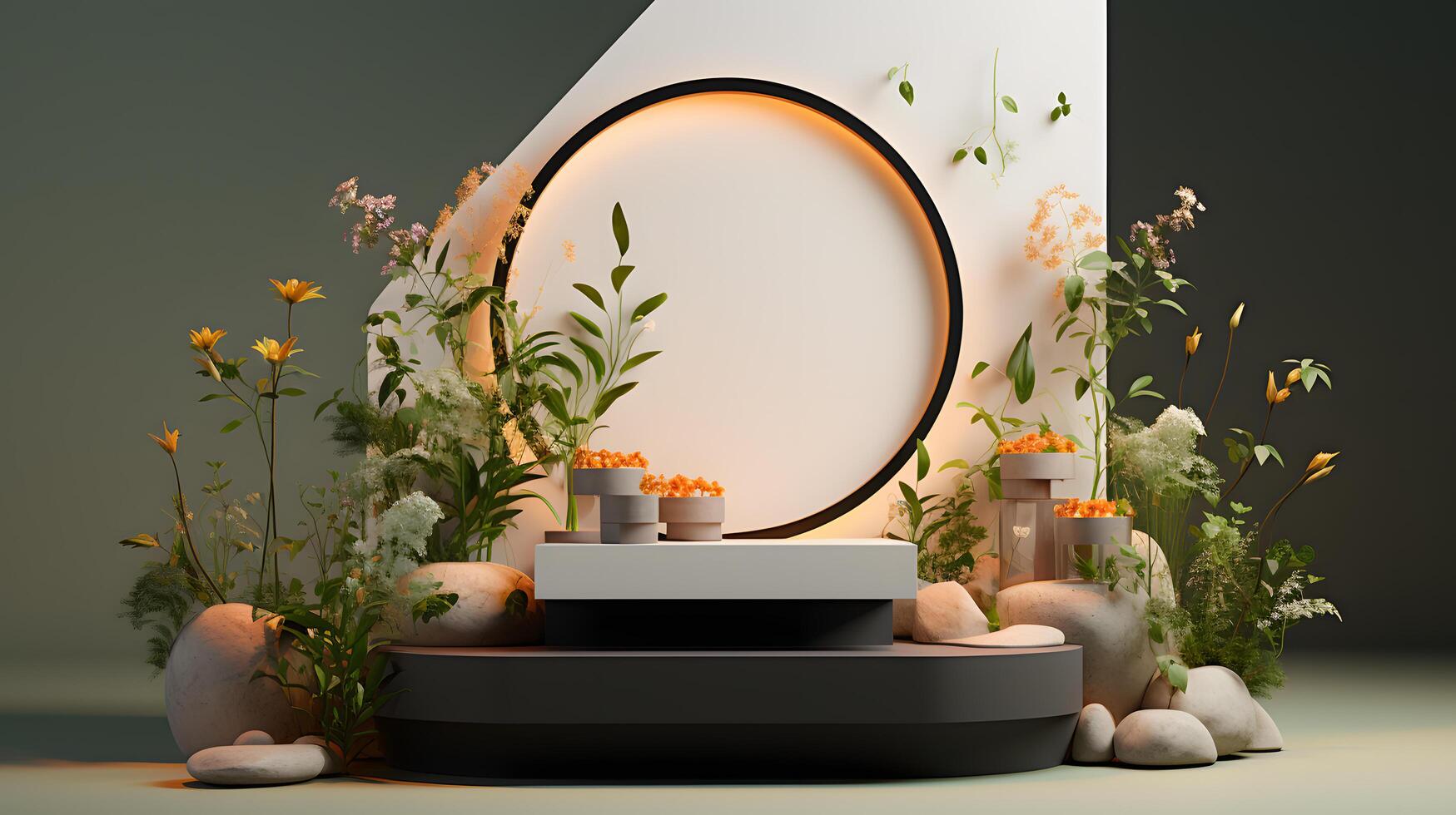 Cosmetics product advertising stand. Exhibition podium on background with leaves and shadows. Empty pedestal to display product packaging photo-realistic, realistic photo