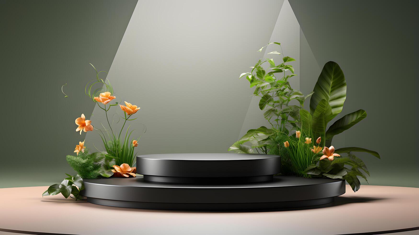 Cosmetics product advertising stand. Exhibition podium on background with leaves and shadows. Empty pedestal to display product packaging photo-realistic, realistic photo