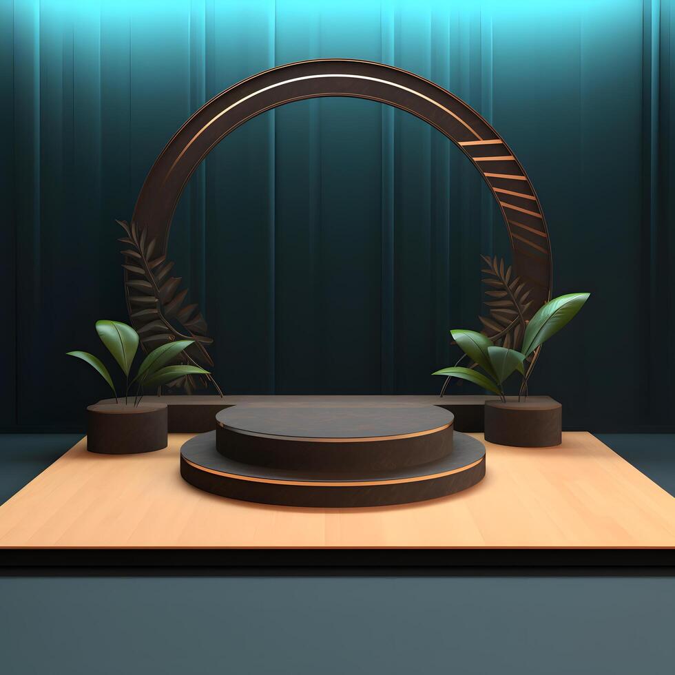 Cosmetics product advertising stand. Exhibition podium on background with leaves and shadows. Empty pedestal to display product packaging photo-realistic, realistic photo