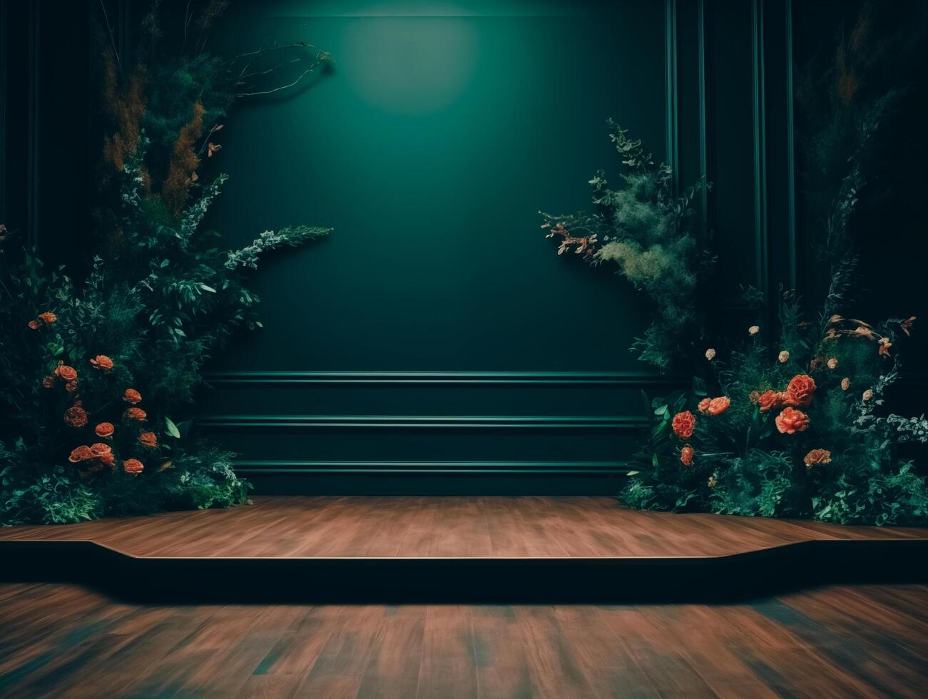 Cosmetics product advertising stand Exhibition wooden podium on green background with leaves and shadows Empty pedestal to display product packaging photo-realistic, realistic photo