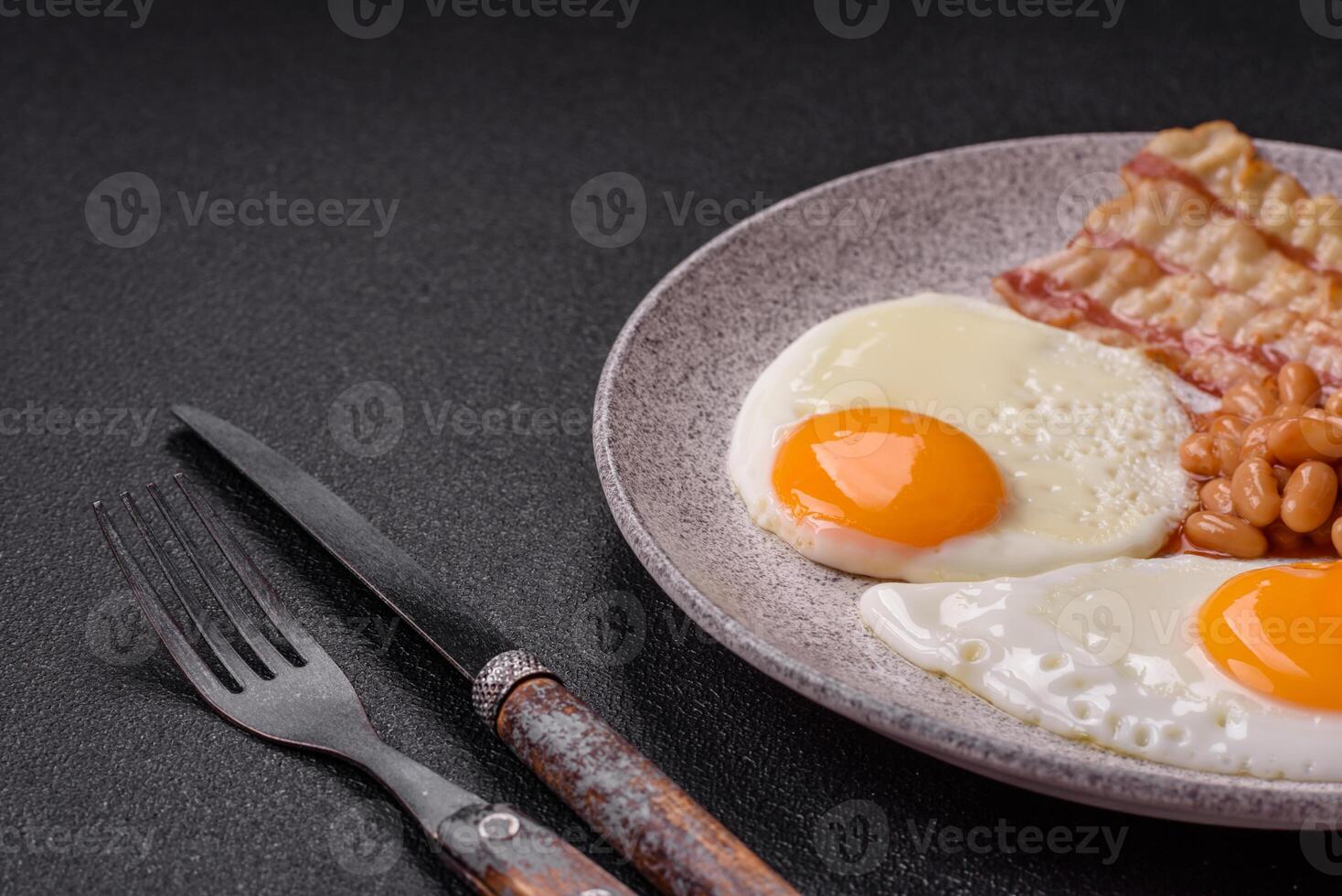 English breakfast with fried eggs, bacon, beans, tomatoes, spices and herbs photo