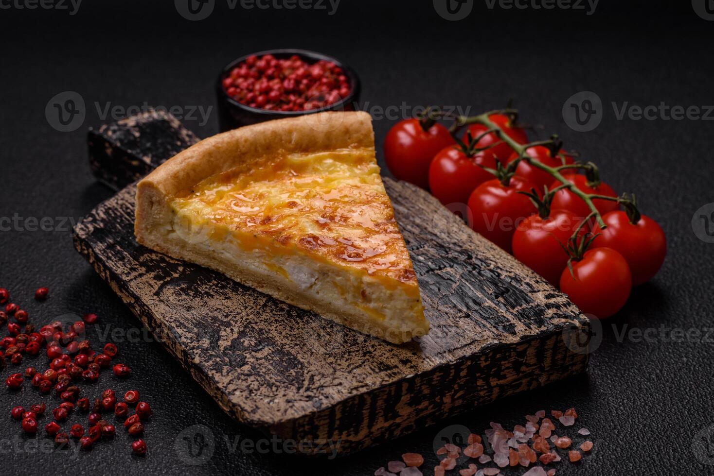 Delicious quiche with broccoli, chicken or salmon and cheese photo