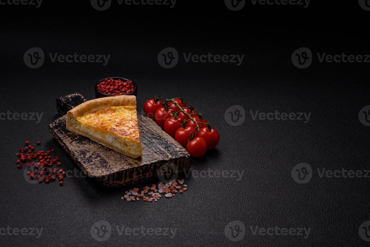 Delicious quiche with broccoli, chicken or salmon and cheese photo