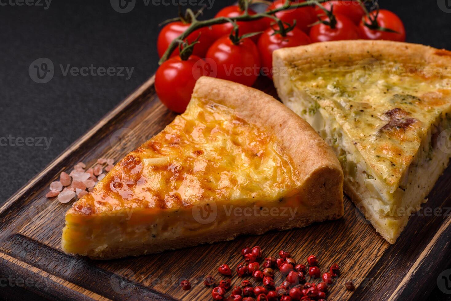 Delicious quiche with broccoli, chicken or salmon and cheese photo