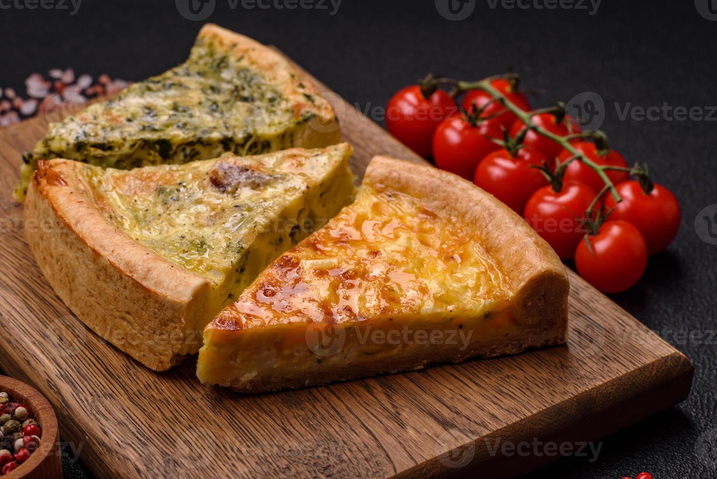 Delicious quiche with broccoli, chicken or salmon and cheese photo