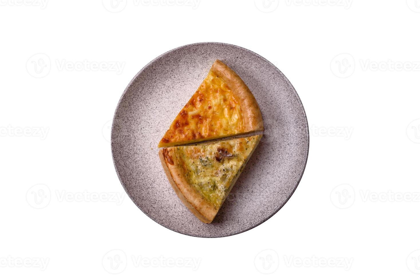 Delicious quiche with broccoli, chicken or salmon and cheese photo
