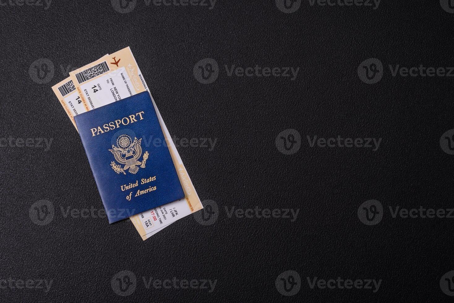 United States of America passport, airline tickets and money photo
