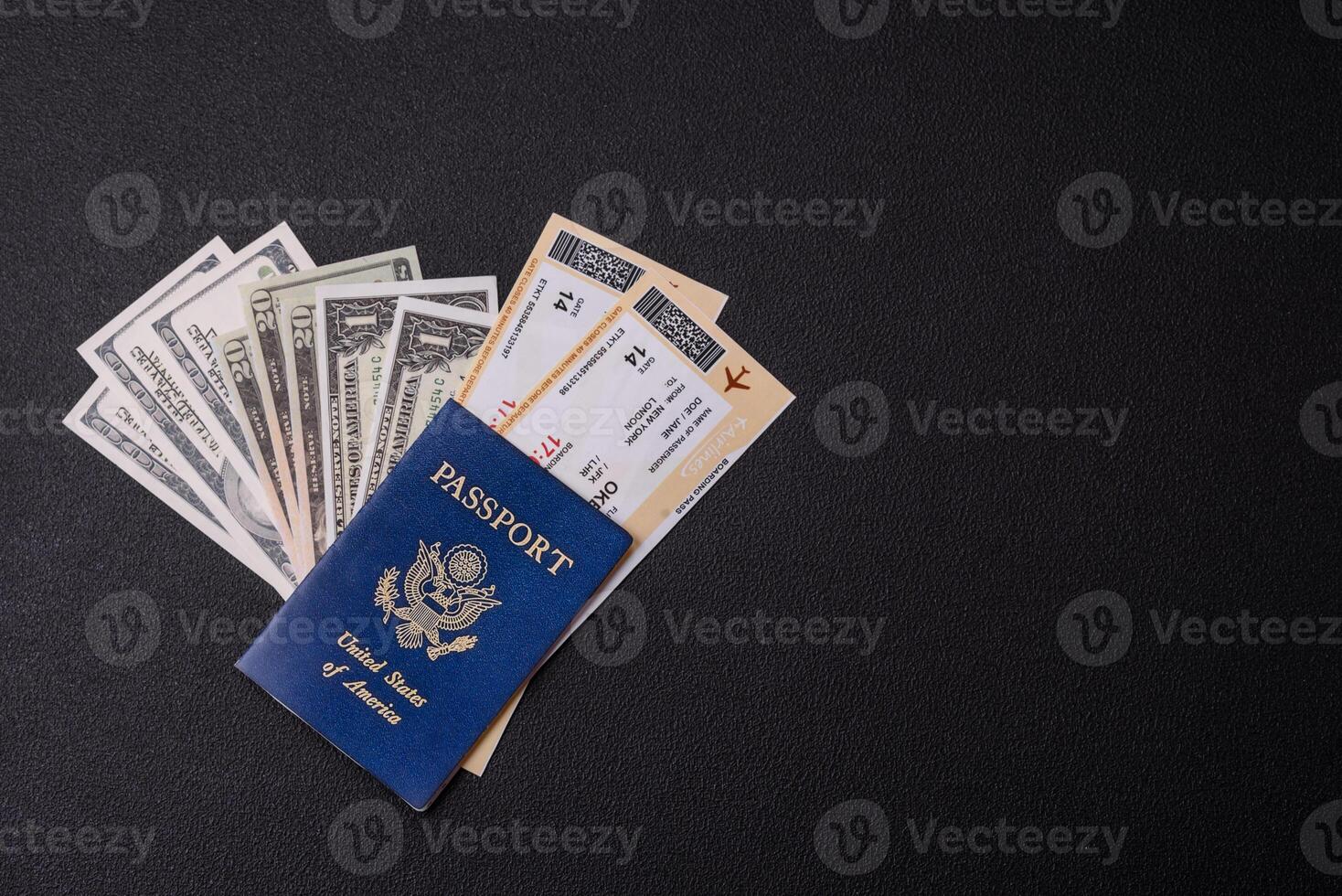 United States of America passport, airline tickets and money photo