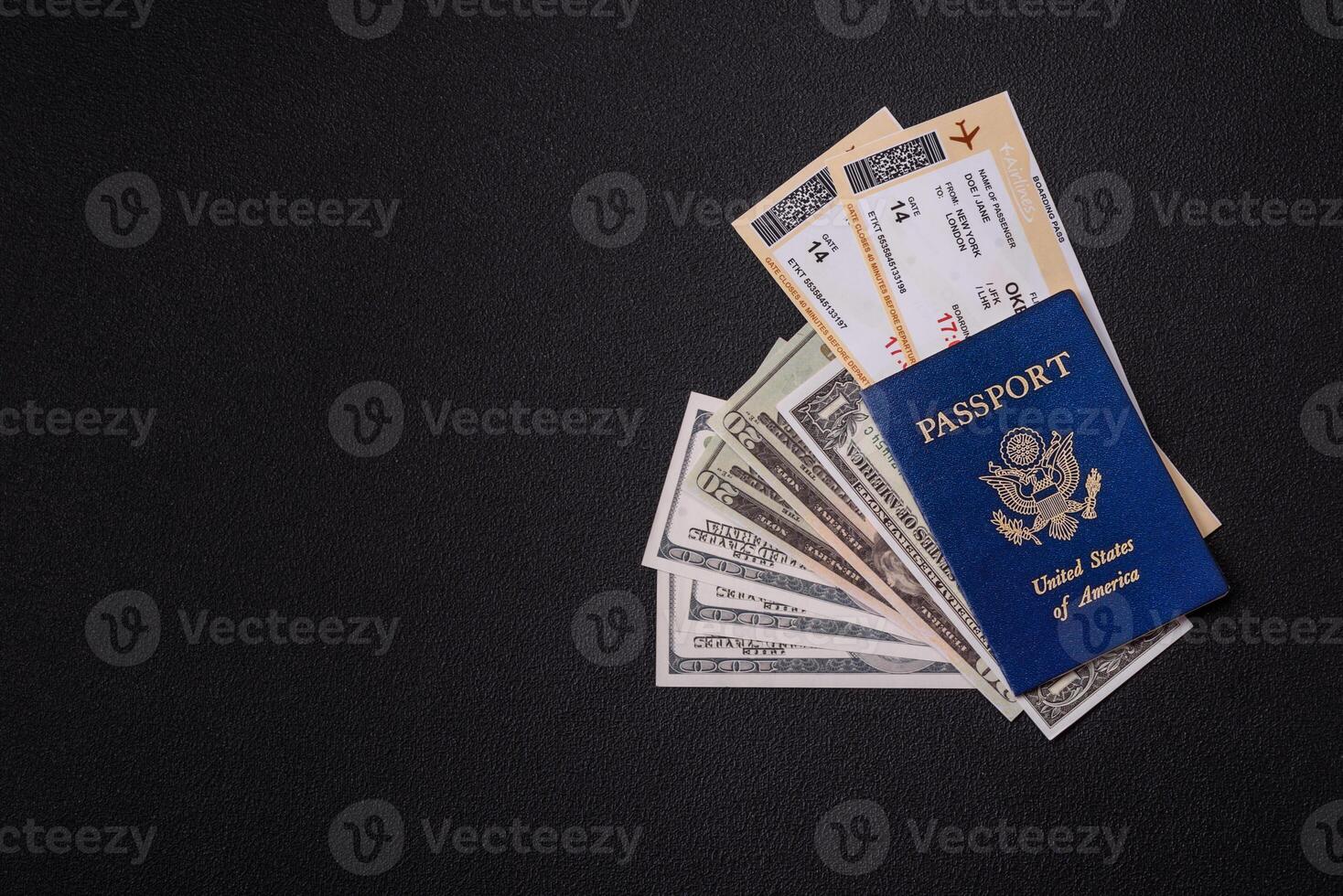 United States of America passport, airline tickets and money photo