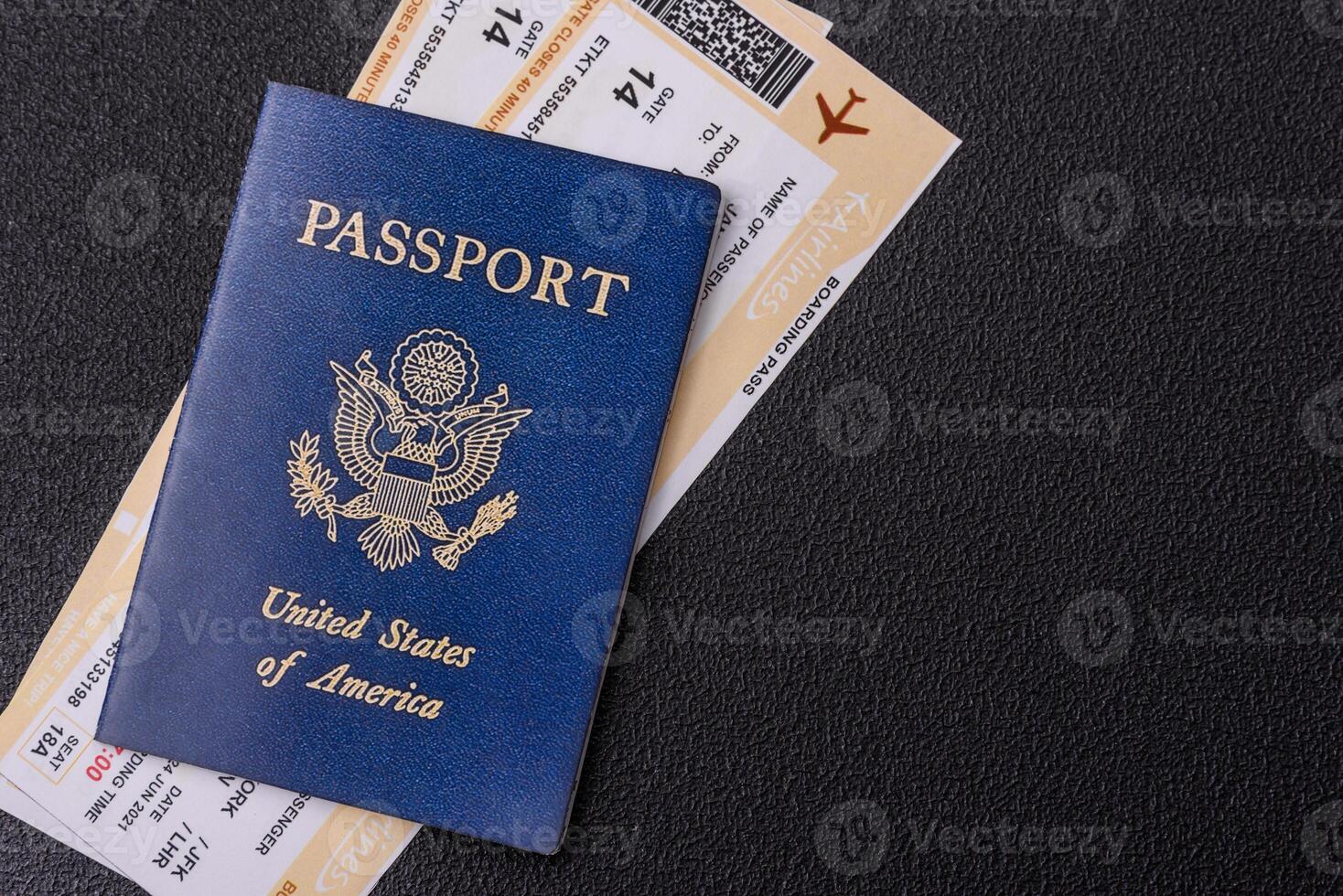 United States of America passport, airline tickets and money photo