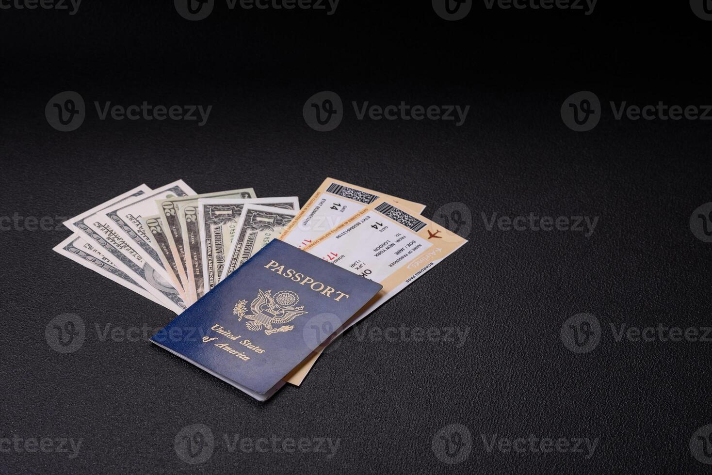 United States of America passport, airline tickets and money photo