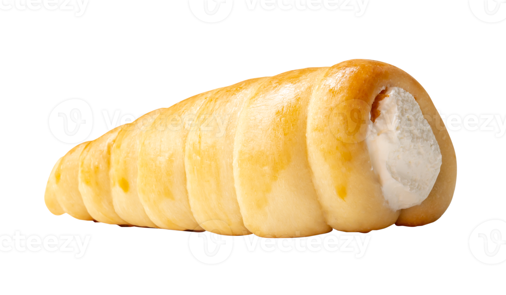 Side view of puff pastry cream horn isolated with clipping path in file format png