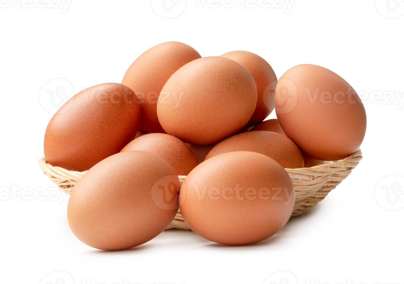 Side view of brown chicken eggs in stack in wicker basket isolated in file format png