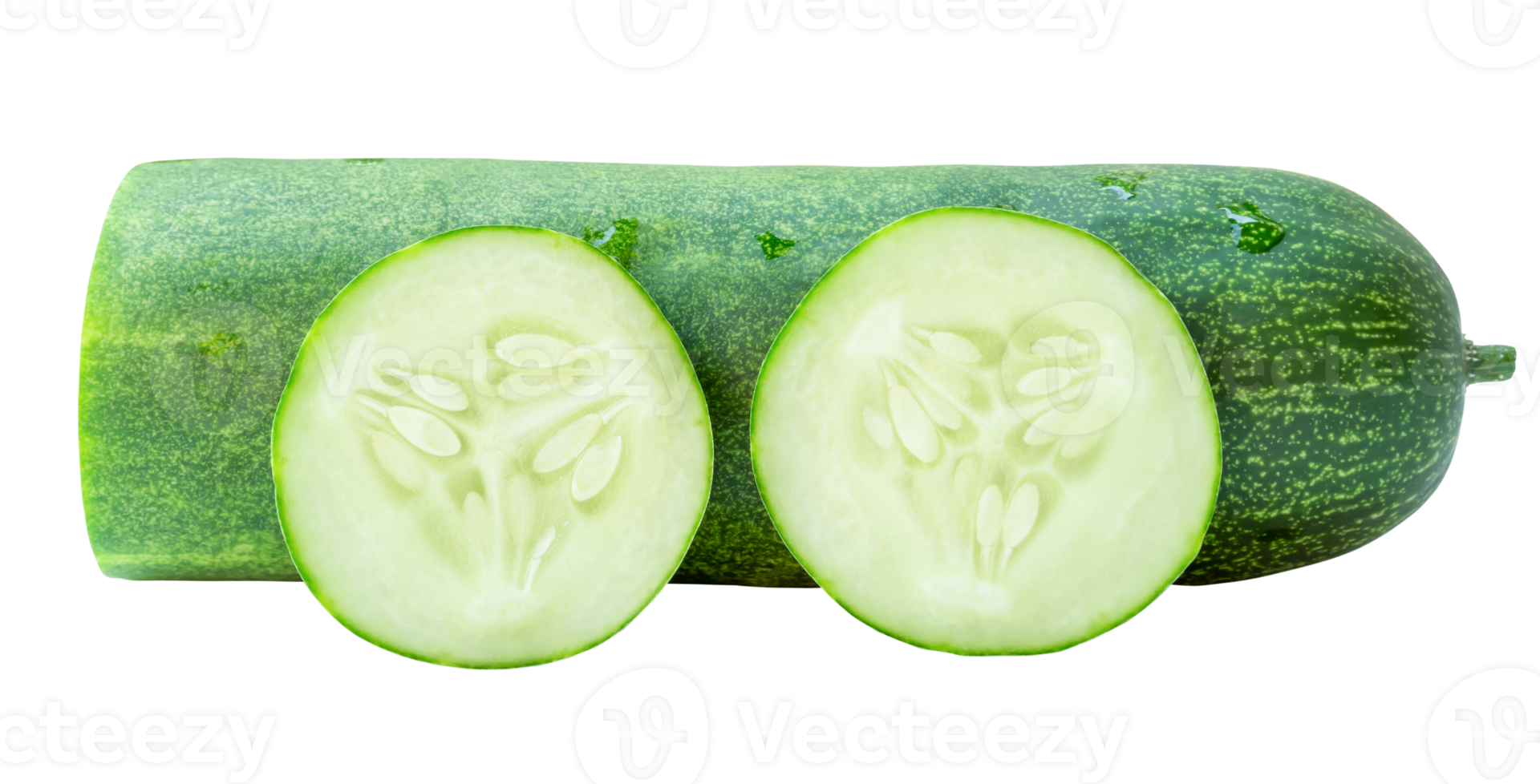 Front view of fresh green cucumber with slices or pieces in stack isolated with clipping path in file format png