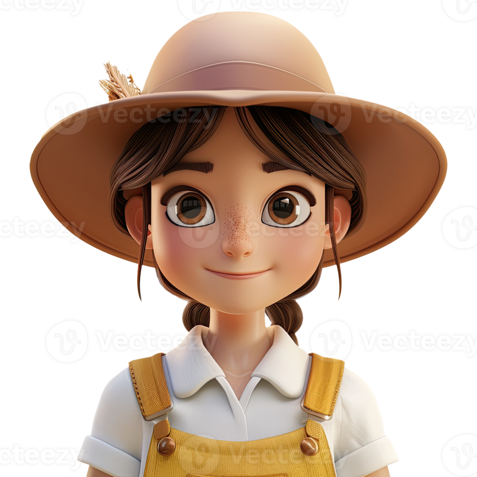 3D cute cartoon female farmer. png