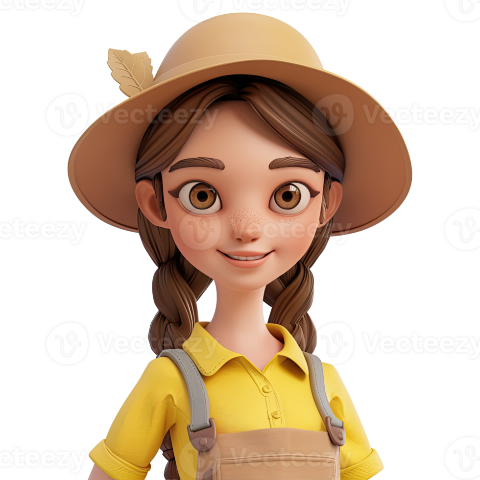 3D cute cartoon female farmer. png