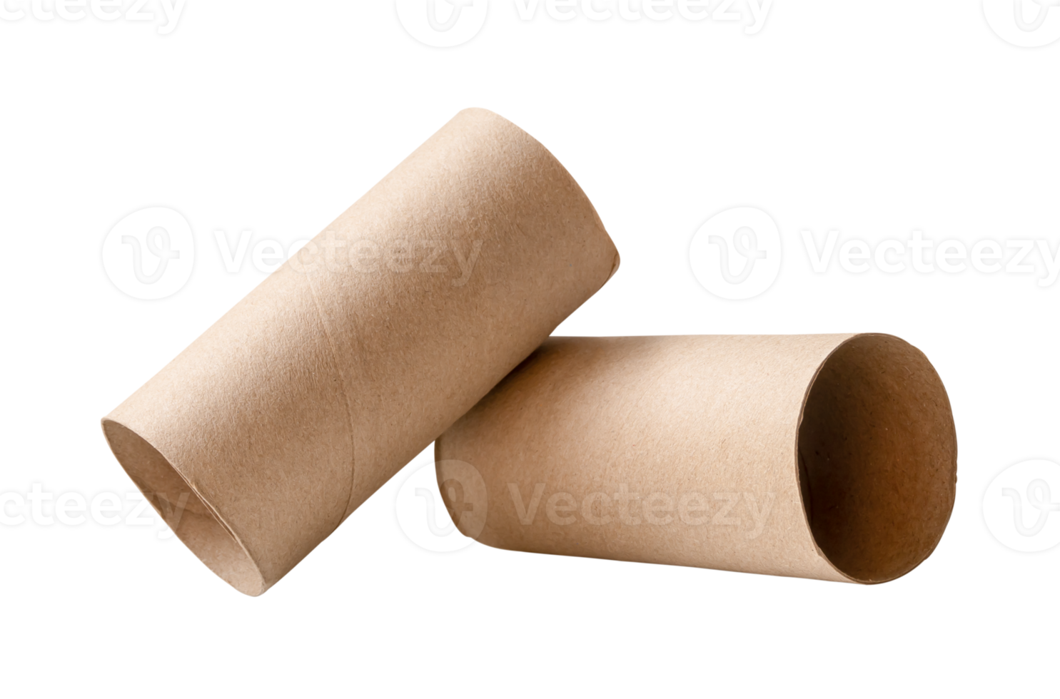 Side view of brown tissue paper cores in stack isolated with clipping path in file format png