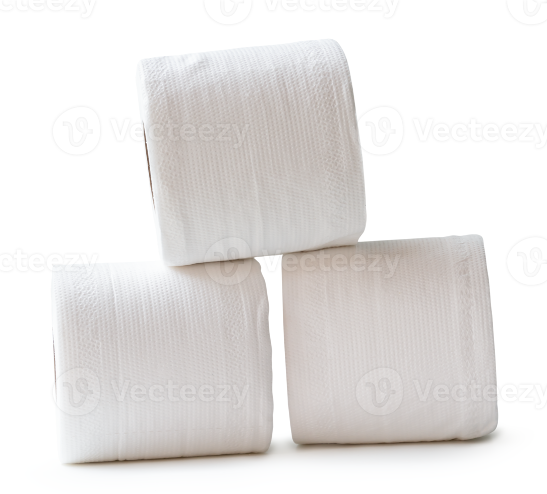 Three rolls of white tissue paper or napkin prepared for use in toilet or restroom isolated with clipping path in file format png