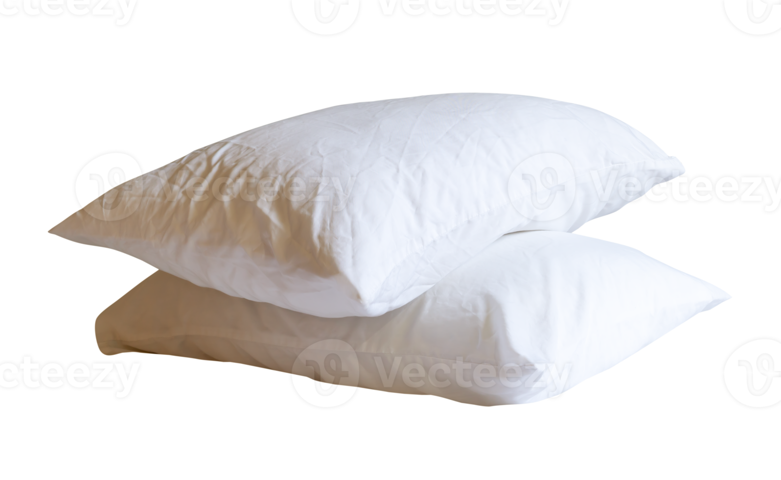 Side view of white pillows with pillow cases after guest use in hotel or resort room isolated with clipping path in file format png