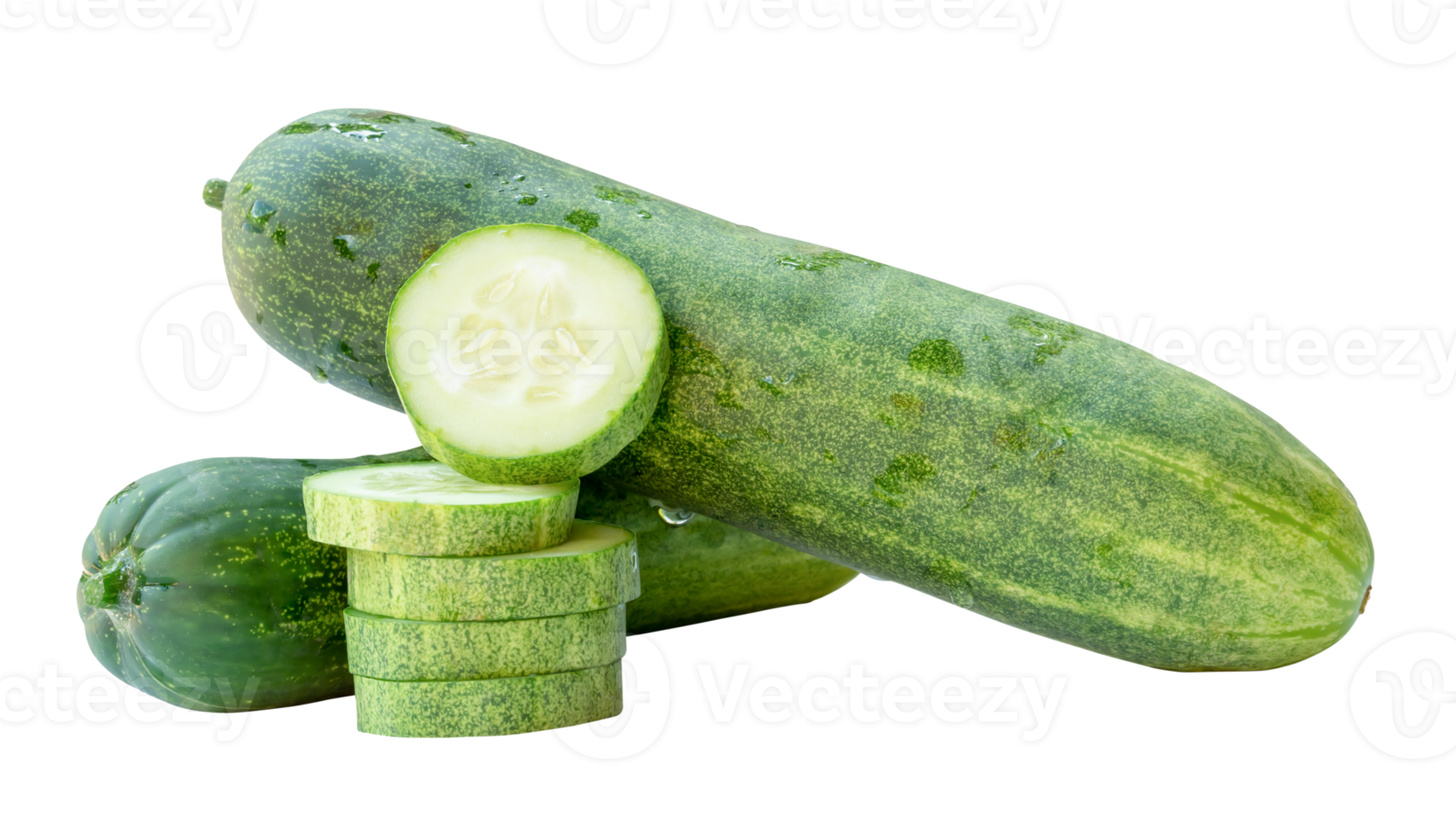 Side view of green cucumber fruits with slices in stack isolated with clipping path in file format png