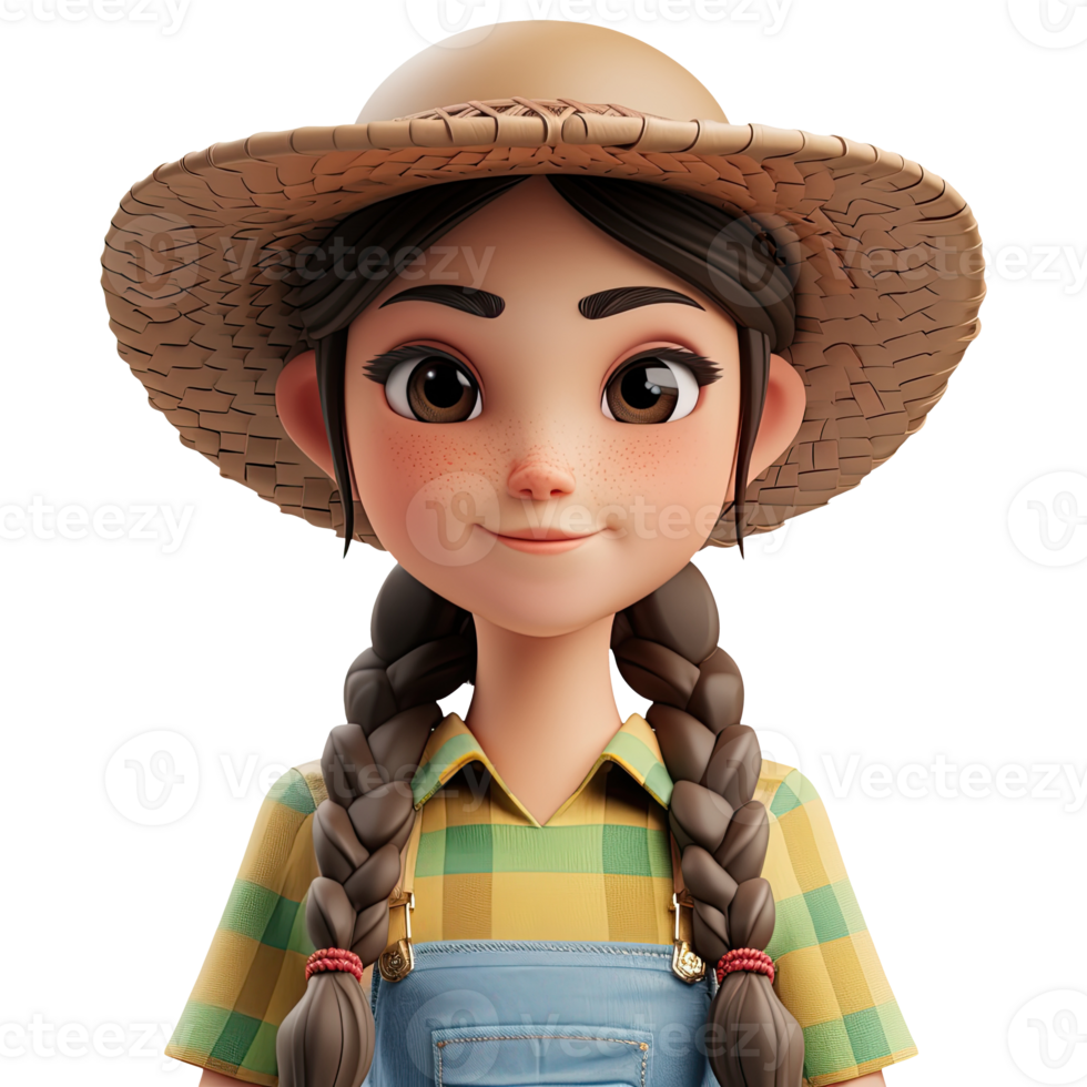 3D cute cartoon female farmer. png