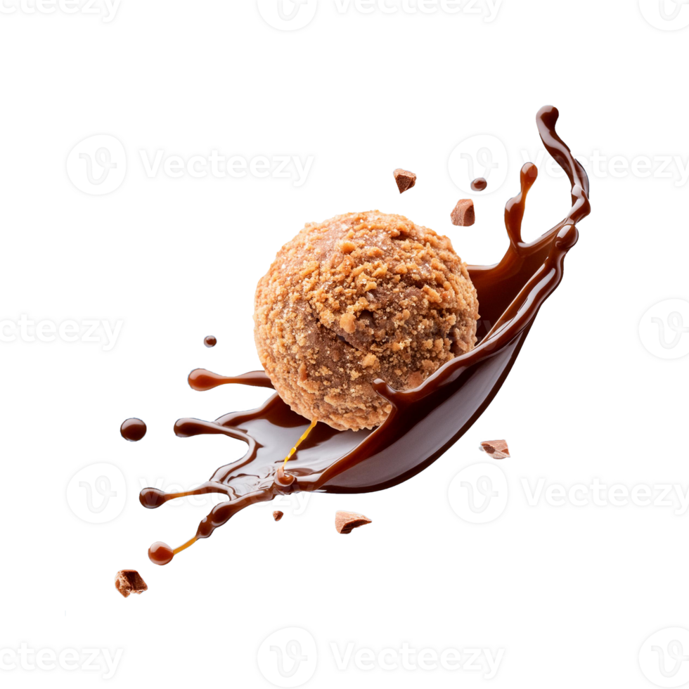 Chocolate ball falling with sauce splashing in the air isolated on transparent background, dessert sweet concept, piece of dark chocolate. dessert sweet concept, piece of dark chocolate. png