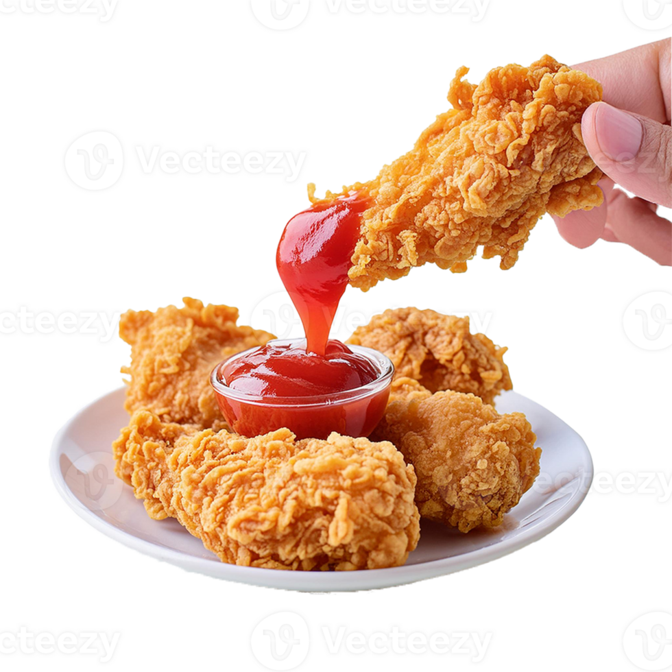 Fried Chicken piece coat with flour or batter that dipping with tomato or ketchup sauce isolated on transparent. Deep-fried Japanese chicken png