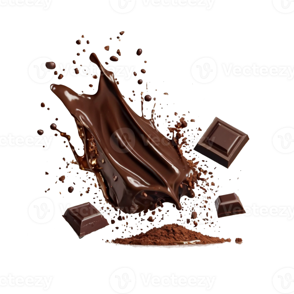 Various types of chocolate fall with chocolate flake in the air isolated on transparent background, such as a sweet dessert concept or a piece of dark chocolate. png