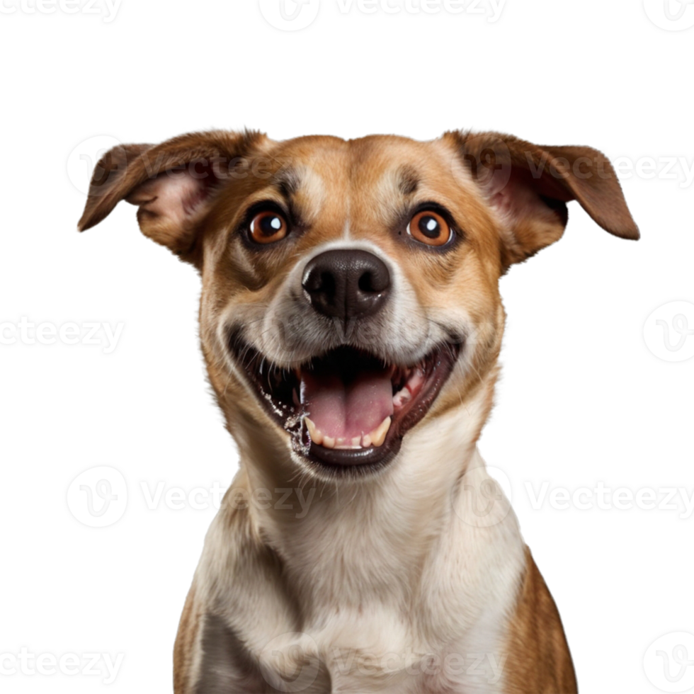 Studio portrait of funny and excited dog face shocked or surprised expression isolated on transparent background. Surprised dog with mouth open die cut style isolated. png