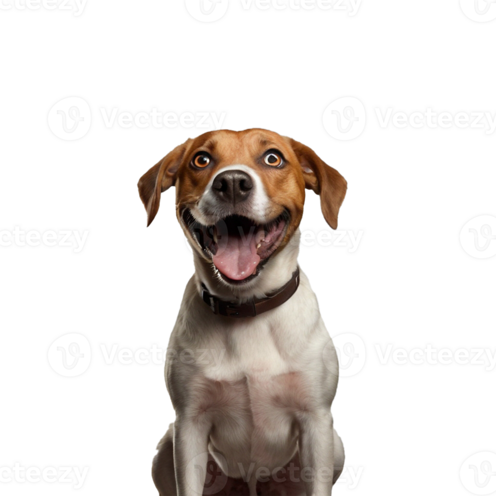 Studio portrait of funny and excited dog face shocked or surprised expression isolated on transparent background. Surprised dog with mouth open die cut style isolated. png