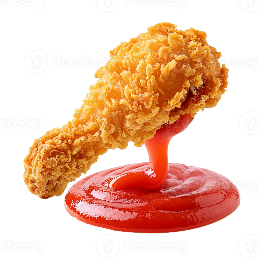 Fried Chicken piece coat with flour or batter that dipping with tomato or ketchup sauce isolated on transparent. Deep-fried Japanese chicken png