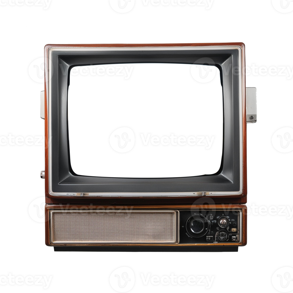 Old vintage television monitor screen with empty displays isolated background, electronic device for showing detail. Front view of old computer monitor with clipping path isolated png